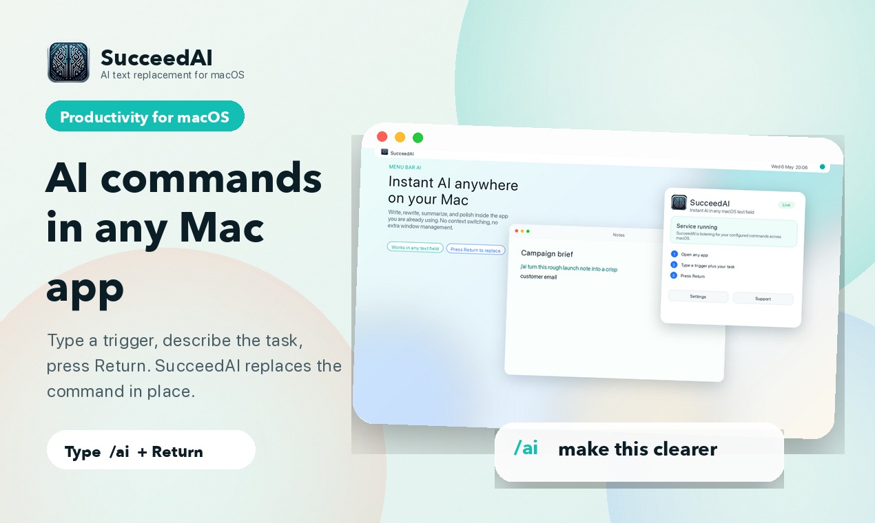 SucceedAI replacing a command with AI-generated text inside a Mac app